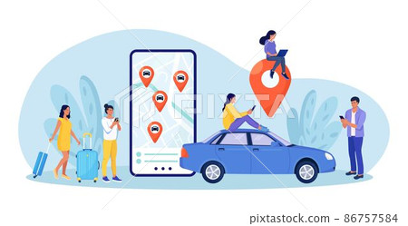 Person use autonomous online car sharing service. Man near smartphone screen with route and points location of car on city map. Online ordering taxi, rent auto. Group of people sharing auto 86757584