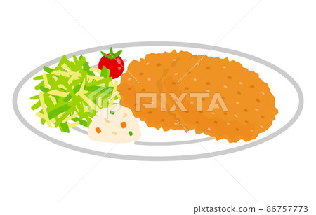Vector illustration material of croquette on a plate and potato salad and tomato of side dish, shredded cabbage Vector illustration material of croquette on a plate and potato salad and tomato of side dish, shredded cabbage 86757773