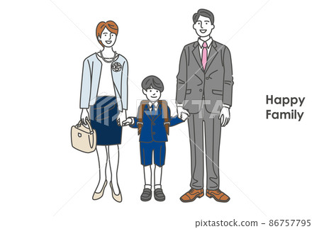 A commemorative photo-style illustration of a son and three parents and children at the entrance ceremony of an elementary school 86757795