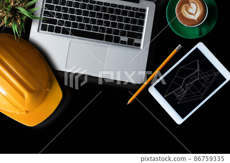 Profession concept with architect desk and tools on a wooden table. top view mock-up. 86759335