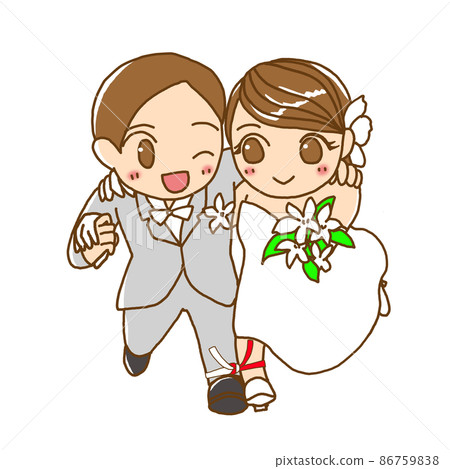 Bride and groom doing a three-legged race Bride and groom doing a three-legged race 86759838