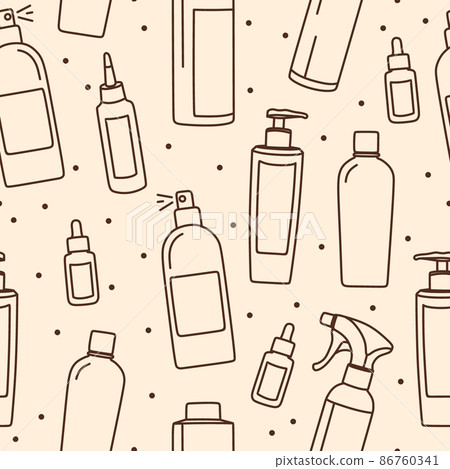 The pattern is seamless of cosmetics and objects. Hair care products. Vector illustration in doodle style. The pattern is seamless of cosmetics and objects. Hair care products. Vector illustration in doodle style. 86760341