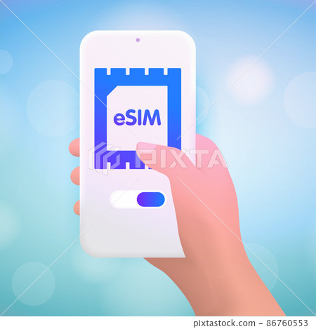 eSIM technology 3d vector illustration concept. Embedded SIM electronic phone sim card. Cartoon hand holds the smartphone on the screen esim card logo and the switch to turn on the service 86760553