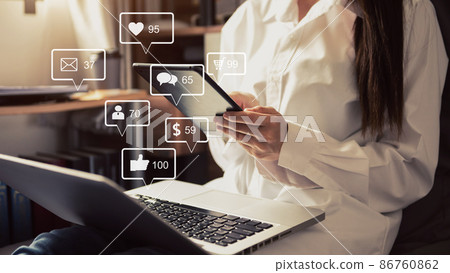 Social media and Marketing virtual icons screen concept.close up of businesswoman typing keyboard Social media and Marketing virtual icons screen concept.close up of businesswoman typing keyboard 86760862