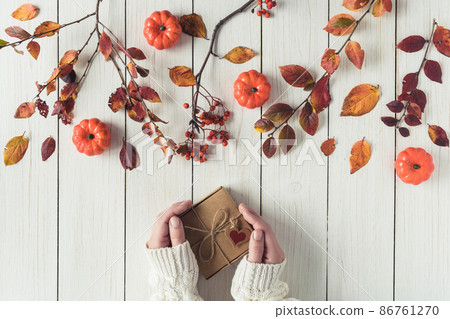 Woman packing gift in a box of kraft paper on white retro wood boards. leaves, rowan and small pumpkins. Thanksgiving. Autumn, fall concept. Flat lay, top view. Woman packing gift in a box of kraft paper on white retro wood boards. leaves, rowan and small pumpkins. Thanksgiving. Autumn, fall concept. Flat lay, top view. 86761270
