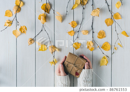 Woman packing gift in a box of kraft paper on white retro wood boards. leaves, birch branches. Thanksgiving. Autumn, fall concept. Flat lay, top view. 86761553
