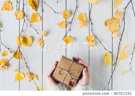 Woman packing gift in a box of kraft paper on white retro wood boards. leaves, birch branches. Thanksgiving. Autumn, fall concept. Flat lay, top view. 86761581