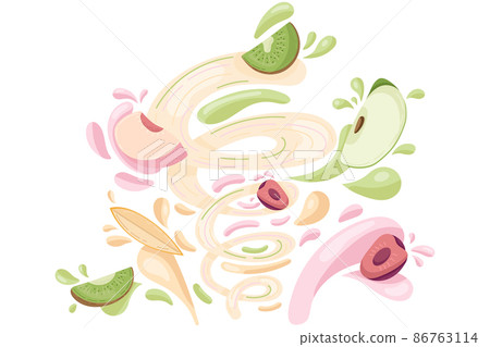 Making fruit fresh smoothie, preparation healthy organic food. Kiwi, peach, cherry, apple and mango juice in a flat cartoon style. Vector illustration. Vector illustration 86763114