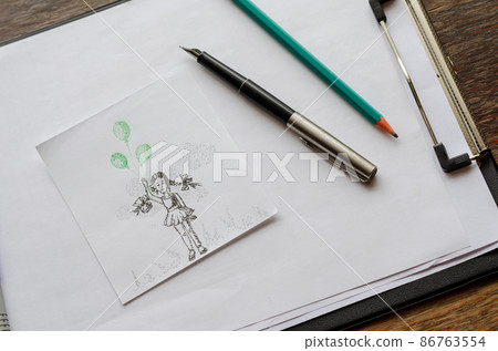 Hand-drawn drawing of a little girl with green balloons. Hand-drawn drawing of a little girl with green balloons. 86763554