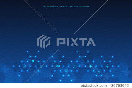 Vector illustration of healthcare and technology concept with flat icons and symbols. Template design for health care business, innovation medicine, pharmaceutical industry, science, medical research. 86763643