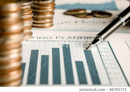 Pile of gold coins money stack in finance treasury deposit bank account saving 86765725