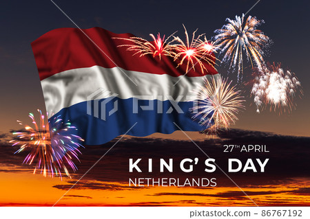 Sky with majestic fireworks and flag of Netherlands 86767192