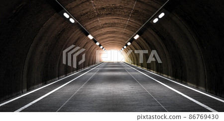 dark underground concrete tunnel motorway road with sun light 3d render illustration 86769430