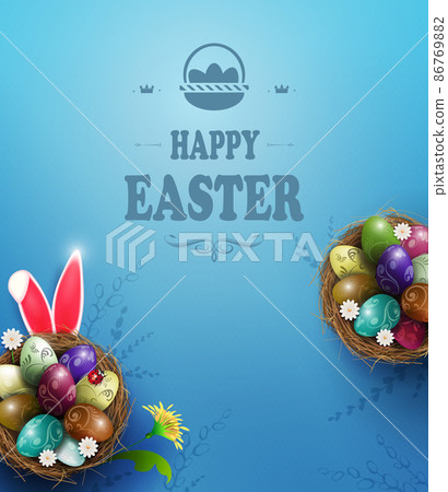 Blue composition with Easter eggs and daisies in the nest, rabbit ears Blue composition with Easter eggs and daisies in the nest, rabbit ears 86769882