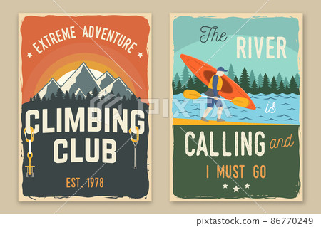 Set of climbing and kayaking retro posters. Vector. Vintage typography design with mountains and kayaker silhouette. Extreme sport kayak and climbing poster. Set of climbing and kayaking retro posters. Vector. Vintage typography design with mountains and kayaker silhouette. Extreme sport kayak and climbing poster. 86770249
