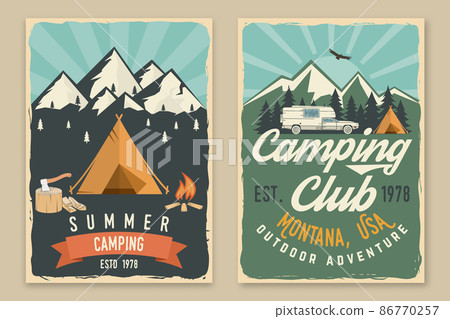 Set of camping retro posters. Vector illustration. Concept for shirt or logo, print, stamp, patch or tee. Vintage typography design with camping tent, trailer, forest and mountain silhouette. Set of camping retro posters. Vector illustration. Concept for shirt or logo, print, stamp, patch or tee. Vintage typography design with camping tent, trailer, forest and mountain silhouette. 86770257
