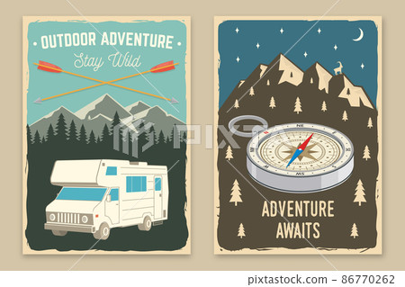 Set of camping retro posters. Vector illustration. Concept for shirt or logo, print, stamp or tee. Vintage typography design with motor home, forest and camper compass silhouette Set of camping retro posters. Vector illustration. Concept for shirt or logo, print, stamp or tee. Vintage typography design with motor home, forest and camper compass silhouette 86770262