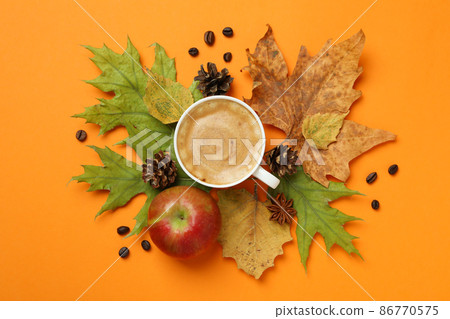 Cozy autumn concept background with coffee drink Cozy autumn concept background with coffee drink 86770575