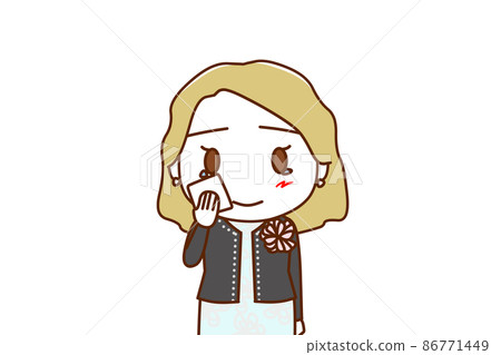(Front of the upper body) A white woman who is touched by formal clothes and sheds tears and wipes with a handkerchief. (Front of the upper body) A white woman who is touched by formal clothes and sheds tears and wipes with a handkerchief. 86771449