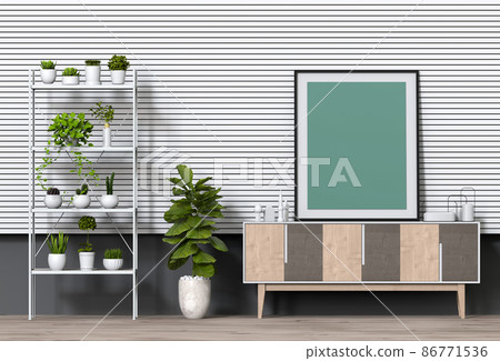 Mockup blank poster on a white brick wall with desk and books on painted white brick wall background. 3D rendering Mockup blank poster on a white brick wall with desk and books on painted white brick wall background. 3D rendering 86771536
