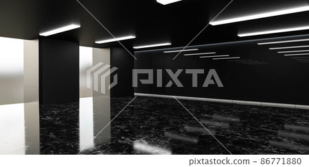 dark evening empty loft studio office room glass wall with reflections 3d render illustration 86771880