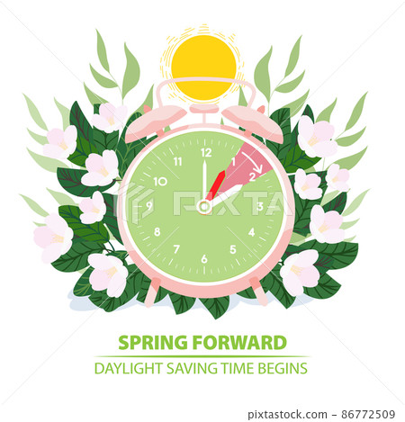 Daylight Saving Time begins. Spring forward. Alarm clock with forward moving hand 86772509
