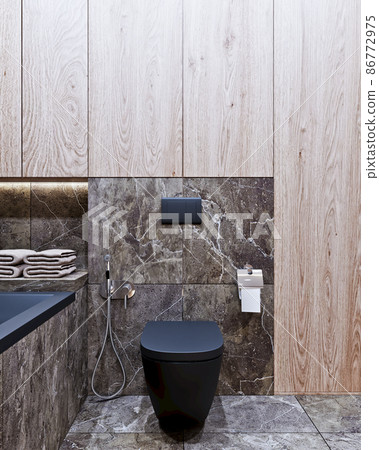 3D interior design of a modern bathroom with marble and wood 86772975