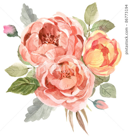 Dusty pink, cream rose, pale flowers, white anemone horizontal botanical design. Eucalyptus, emerald and burgundy greenery card. Floral pastel watercolor 86773194