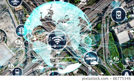 Smart transport technology concept for future car traffic on newish city road Smart transport technology concept for future car traffic on newish city road 86775346