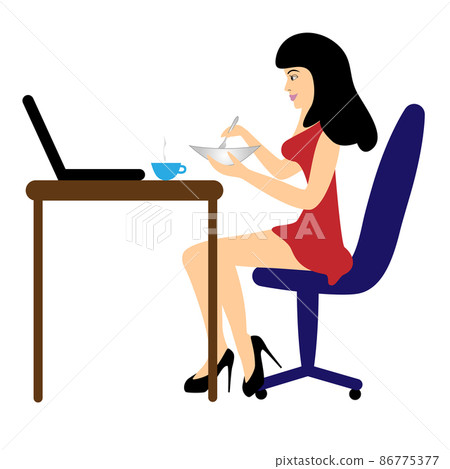 The girl works and eats. The girl works and eats. 86775377