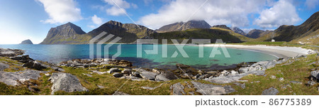 Panorama of Haukland and Vik Beach at Vestvagoy Island, Lofoten, Nordland, Norway Panorama of Haukland and Vik Beach at Vestvagoy Island, Lofoten, Nordland, Norway 86775389