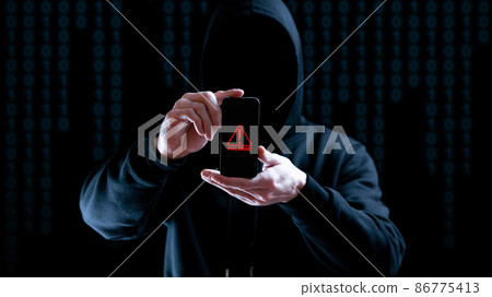 Cyber security hacker smartphone. Internet web hack technology. Digital mobile phone in hacker man hand isolated on black banner. Data protection, secured internet access, cybersecurity. 86775413