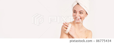 Bathroom skin care. Body brush routine. Woman peeling. Female person drainage Bathroom skin care. Body brush routine. Woman peeling. Female person drainage 86775434