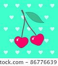 Vector illustration of a juicy rose red cherry on a heart background. Sweet, tasty, berry dessert. It is suitable for use for postcards, gifts, social media, print, cafe menu, restaurant, bar, shops. 86776639