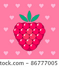 Vector illustration of a sweet raspberry on a heart background. Tasty, juicy, berry dessert. It is suitable for use for postcards, gifts, social media, print, cafe menu, restaurant, bar, shops. 86777005