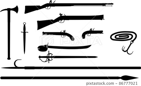 Set of pirates boarding weapon, black silhouette vector illustration 86777021
