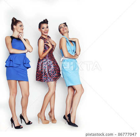 group of diverse stylish ladies in bright dresses isolated on white smiling having fun, watching selfie, lifestyle people concept 86777047