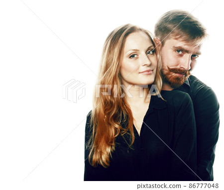 young tender couple, man and woman in love isolated on white, fooling around real modern hipster marriage, lifestyle people concept 86777048