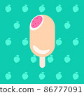 Vector illustration of a strawberry ice cream in white chocolate on a berry background. Popsicle. It is suitable for use for postcards, gifts, social media, print, cafe menu, restaurant, bar, shops. 86777091