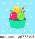 Vector illustration of a fruit ice cream on a heart background. Tasty, sweet summer dessert. It is suitable for use for postcards, gifts, social media, print, cafe menu, restaurant, bar, shops. 86777106