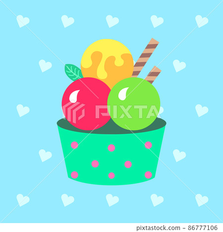 Vector illustration of a fruit ice cream on a heart background. Tasty, sweet summer dessert. It is suitable for use for postcards, gifts, social media, print, cafe menu, restaurant, bar, shops. 86777106