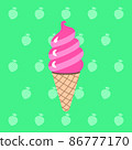 Vector illustration of a strawberry ice cream on a berry background. Tasty, sweet, summer dessert. It is suitable for use for postcards, gifts, social media, print, cafe menu, restaurant, bar, shops. 86777170