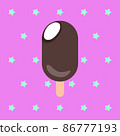 Vector illustration of an ice cream in dark chocolate on a star background. Dessert, popsicle. It is suitable for use for postcards, gifts, social media, print, cafe menu, restaurant, bar, shops. 86777193
