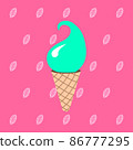 Vector illustration of a mint ice cream on a leaf background. Tasty, sweet summer dessert. It is suitable for use for postcards, gifts, social media, print, cafe menu, restaurant, bar, shops. 86777295