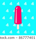 Vector illustration of a watermelon ice cream on a fruity background. Summer dessert, popsicle. It is suitable for use for postcards, gifts, social media, print, cafe menu, restaurant, bar, shops. 86777401