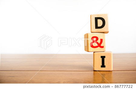 D and I, Diversity and inclusion symbol. Concept words D and I, diversity and inclusion on wooden cubes on beautiful wooden table, white background. Business, D and I, diversity and inclusion concept. 86777722