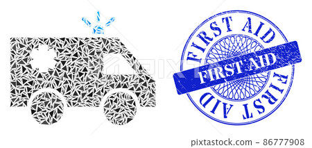 Scratched First Aid Stamp and Triangle Emergency Car Mosaic Scratched First Aid Stamp and Triangle Emergency Car Mosaic 86777908