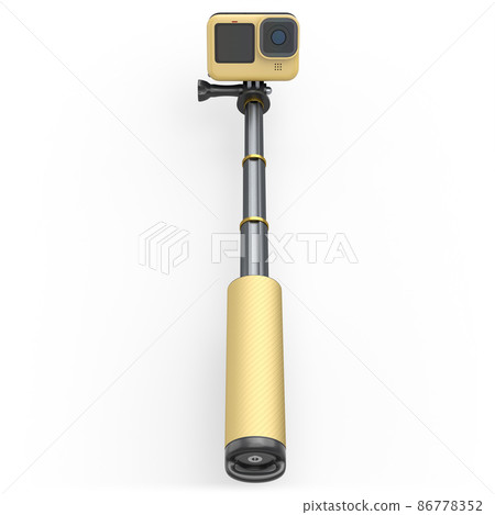 Photo and video lightweight yellow action camera with selfie stick on white 86778352