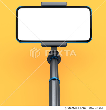 Realistic smartphone with blank white screen and selfie stick isolated on orange 86778361
