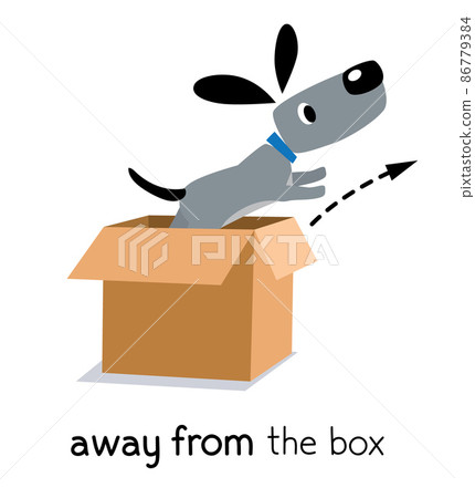Preposition of movement. Dog fly away from box Preposition of movement. Dog fly away from box 86779384
